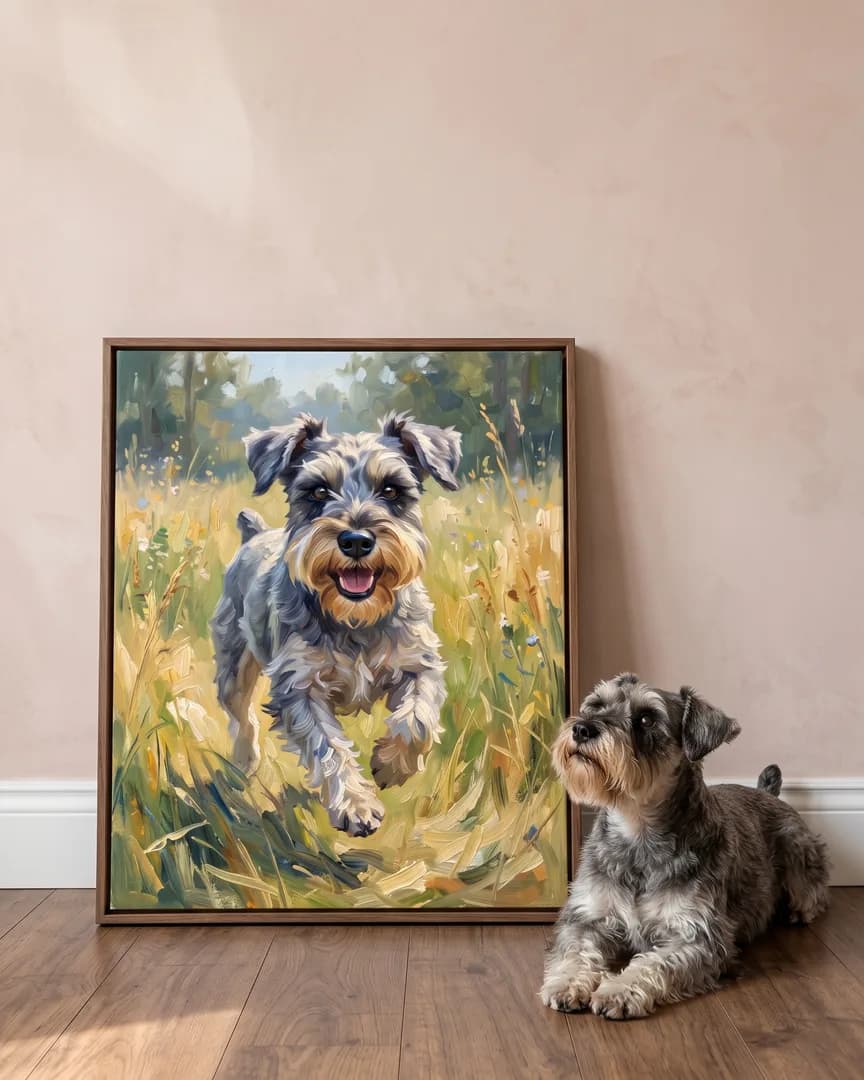 Otis, un schnauzer nain, à côté d'une toile encadrée brune de son portrait Sprint dans le pré.