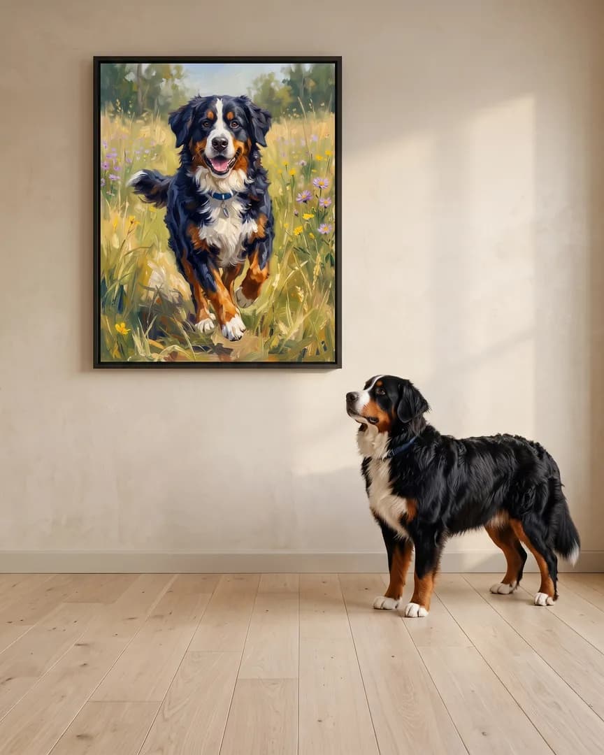 Bruno, un bouvier bernois, à côté d'une toile encadrée noire de son portrait Sprint dans le pré.