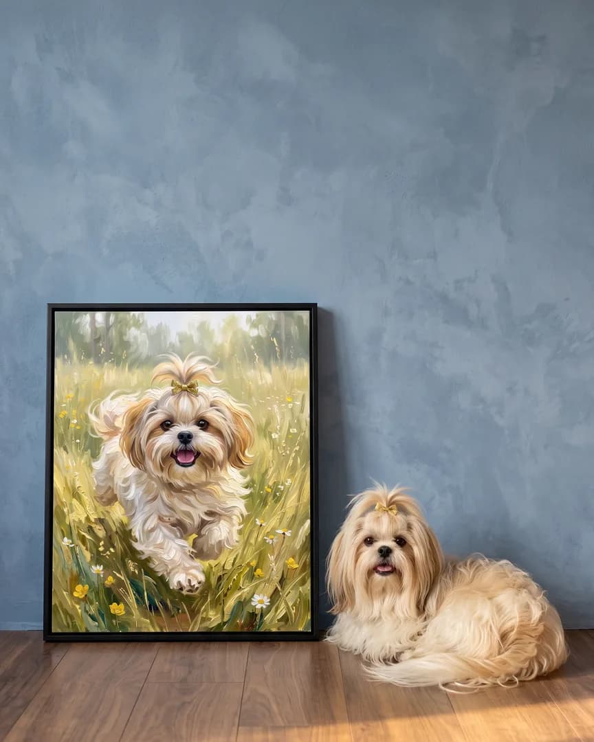 Coco, un shih tzu, à côté d'une toile encadrée noire de son portrait Sprint dans le pré.