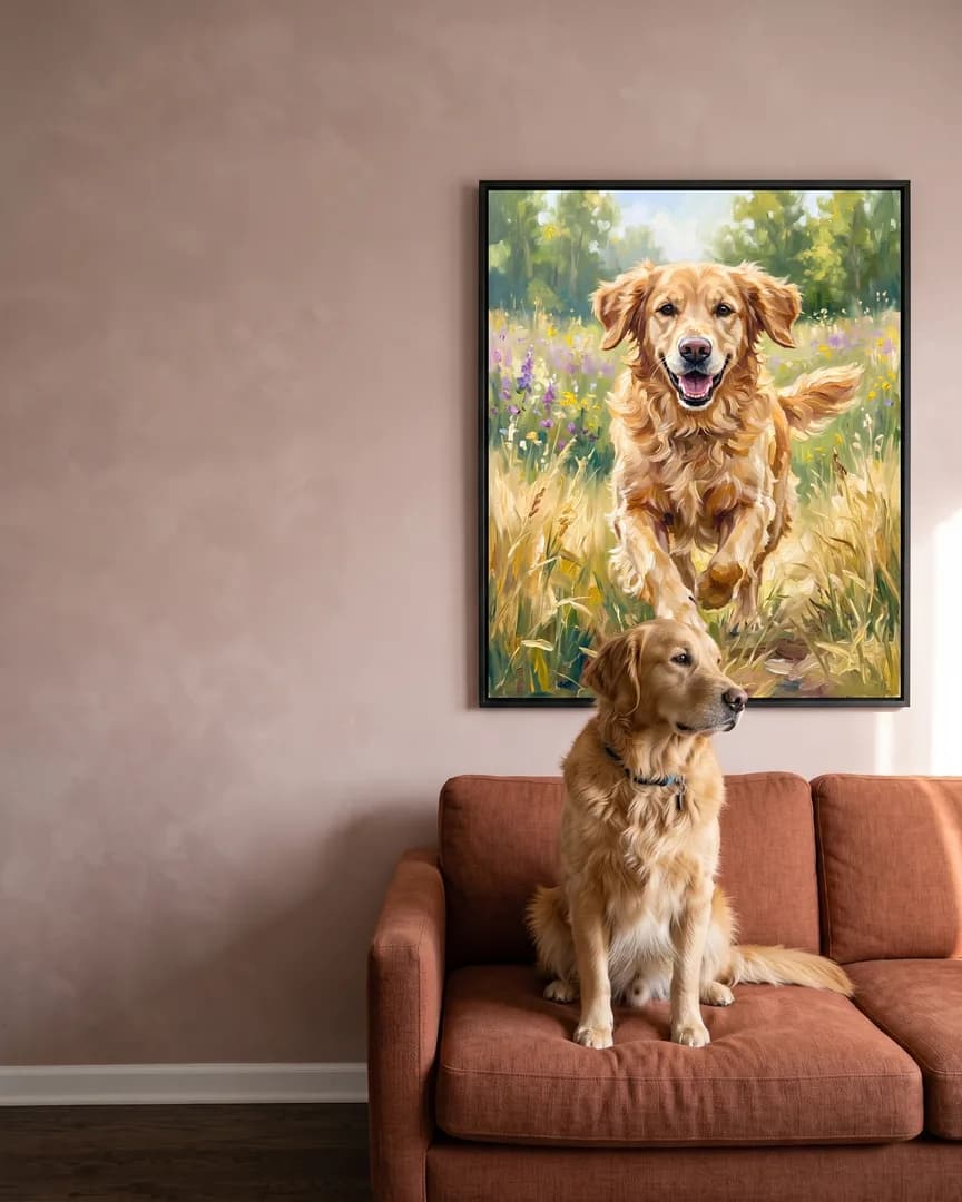 Sunny, un golden retriever, à côté d'une toile encadrée noire de son portrait Sprint dans le pré.