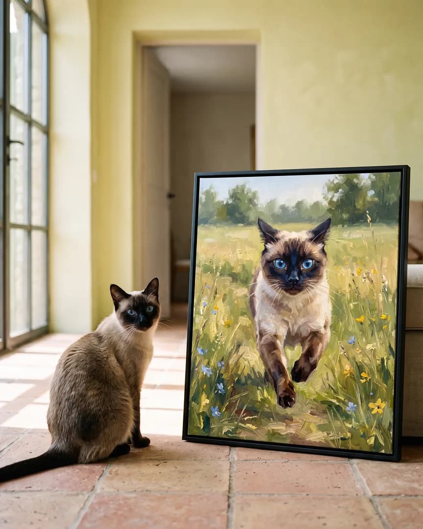 Sable, un chat siamois, à côté d'une toile encadrée noire de son portrait Sprint dans le pré.