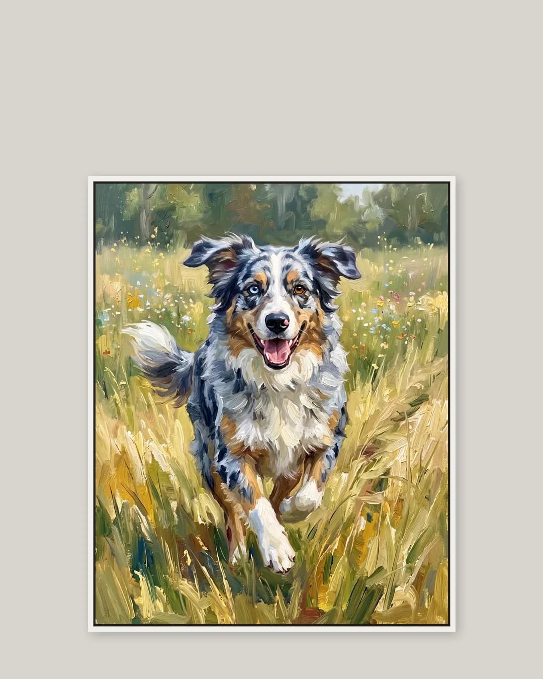 Une toile encadrée blanche de Koda, un berger australien, dans le style Sprint dans le pré.