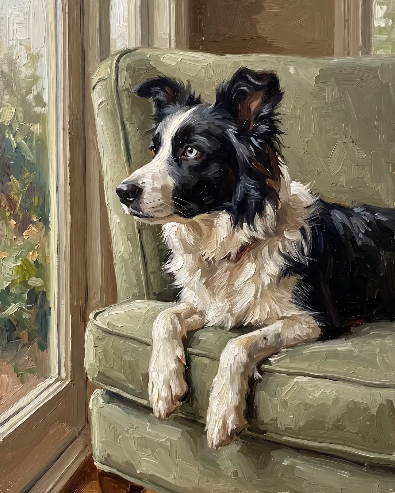 Skye, un border collie, exemple Lumière du matin.