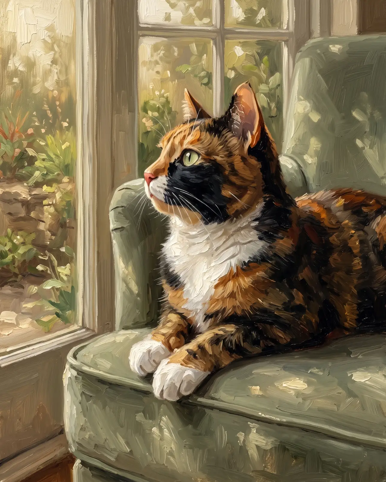 Patch, un chat calico, exemple Lumière du matin.