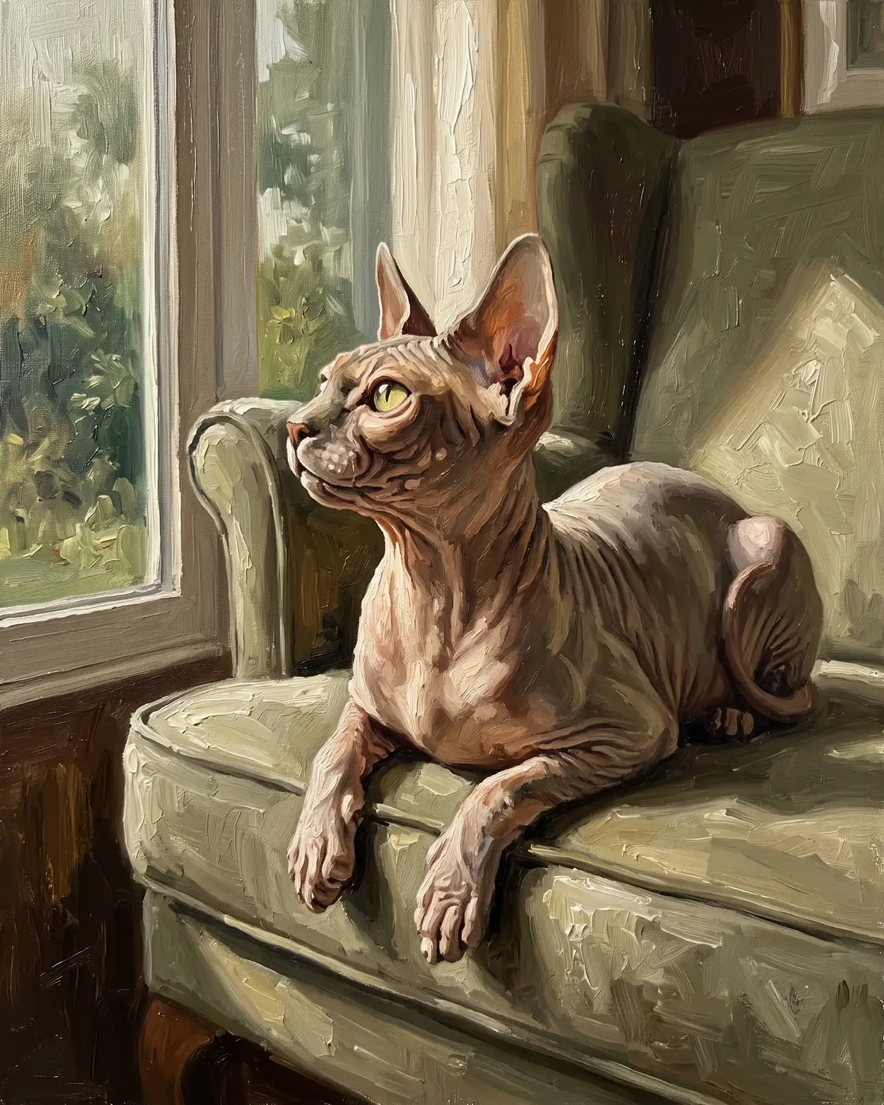 Yoda, un chat sphynx, exemple Lumière du matin.