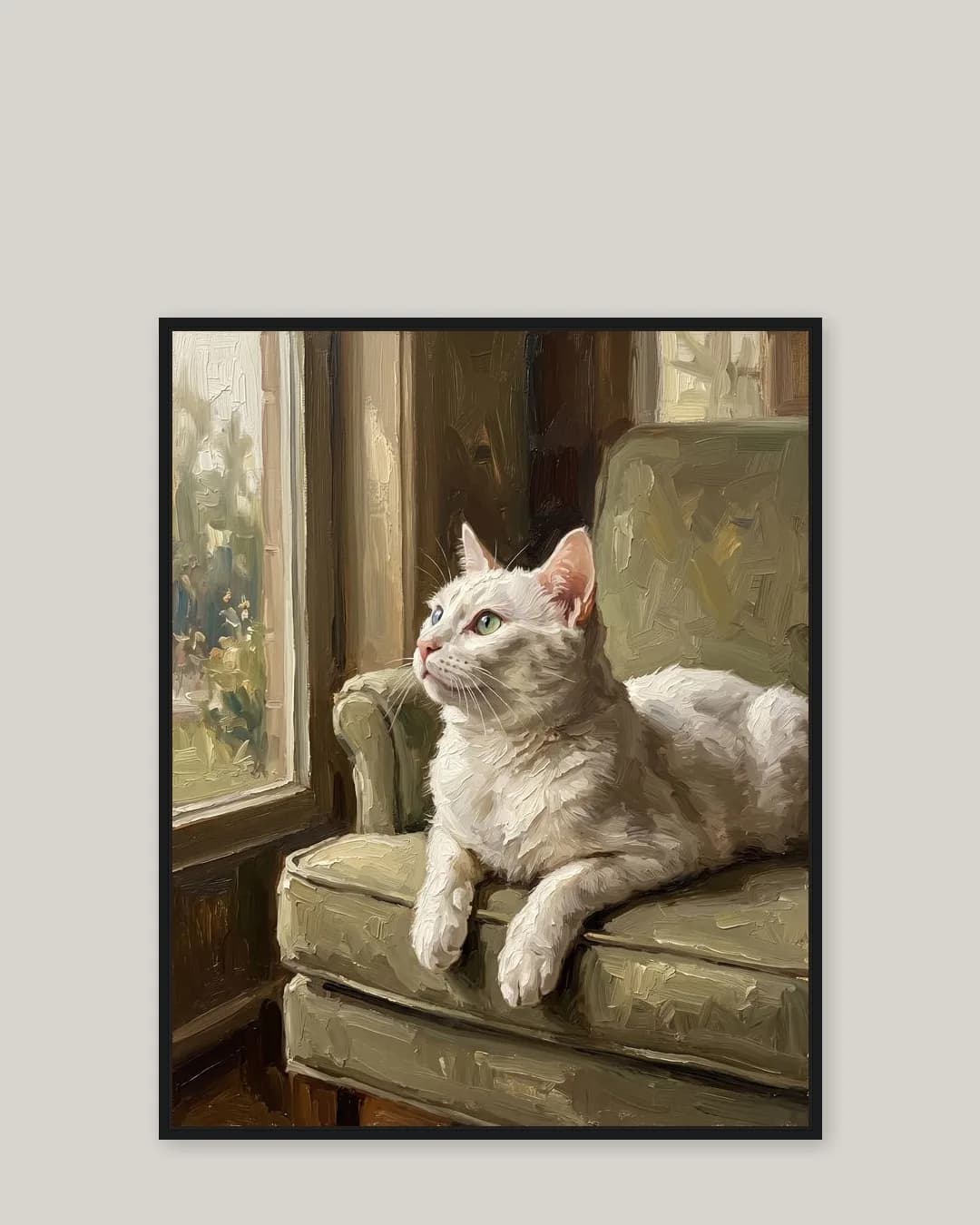 Une toile encadrée noire de Duo, un chat blanc, dans le style Lumière du matin.