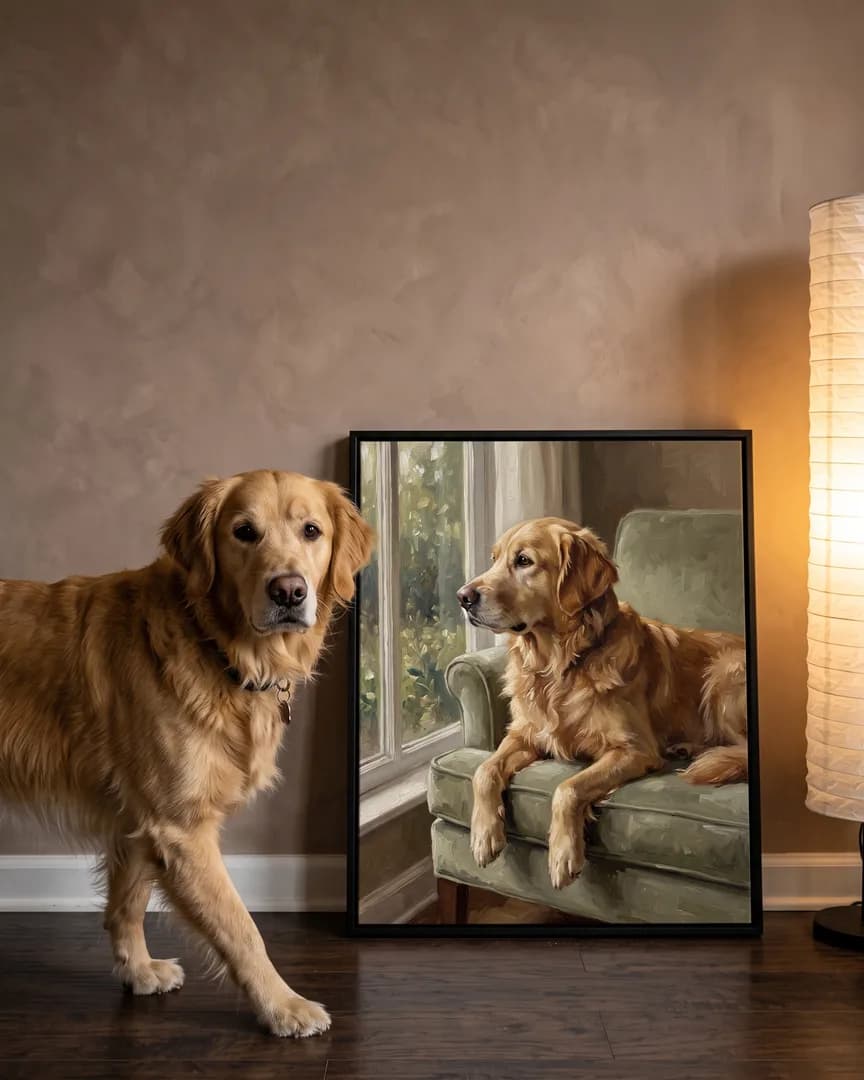 Sunny, un golden retriever, à côté d'une toile encadrée noire de son portrait Lumière du matin.