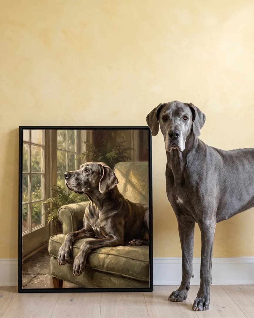Duke, un danois, à côté d'une toile encadrée noire de son portrait Lumière du matin.