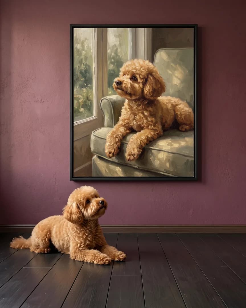 Mimi, un caniche nain, à côté d'une toile encadrée noire de son portrait Lumière du matin.