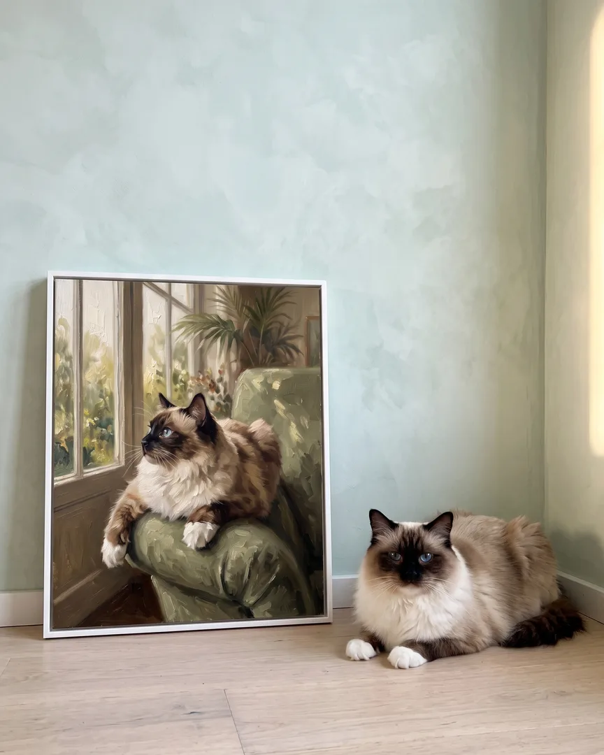 Willow, un chat ragdoll, à côté d'une toile encadrée blanche de son portrait Lumière du matin.