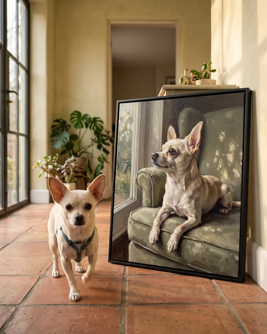 Pip, un chihuahua, à côté d'une toile encadrée noire de son portrait Lumière du matin.