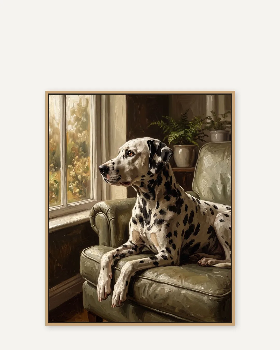 Une toile encadrée en chêne naturel de Ace, un dalmatien, dans le style Lumière du matin.