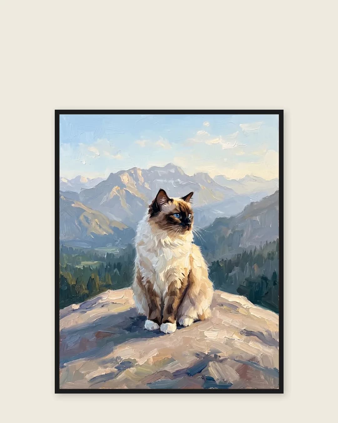 Une toile encadrée noire de Willow, un chat ragdoll, un portrait tout en douceur du style Vers les Sommets.