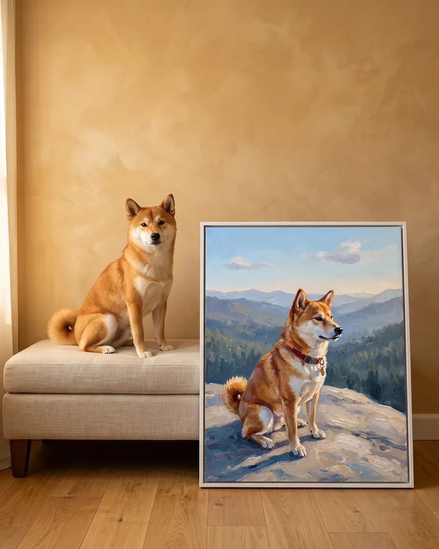 Suki, un shiba inu, à côté d'une toile encadrée blanche de son portrait Vers les Sommets.