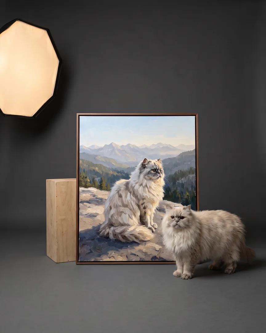 Frost, un chat persan, à côté d'une toile encadrée brune de son portrait Vers les Sommets.