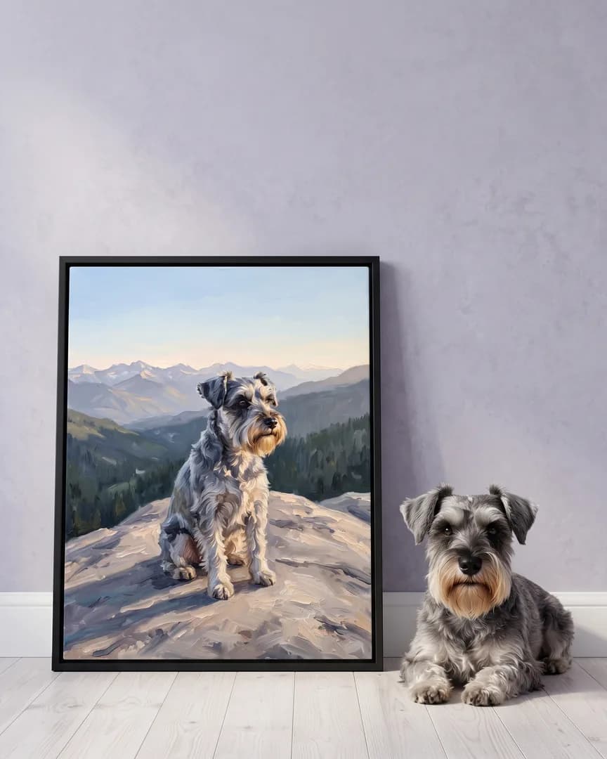 Otis, un schnauzer nain, à côté d'une toile encadrée noire de son portrait Vers les Sommets.