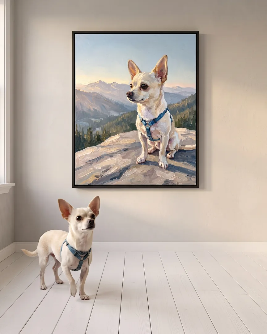 Pip, un chihuahua, à côté d'une toile encadrée noire de son portrait Vers les Sommets.