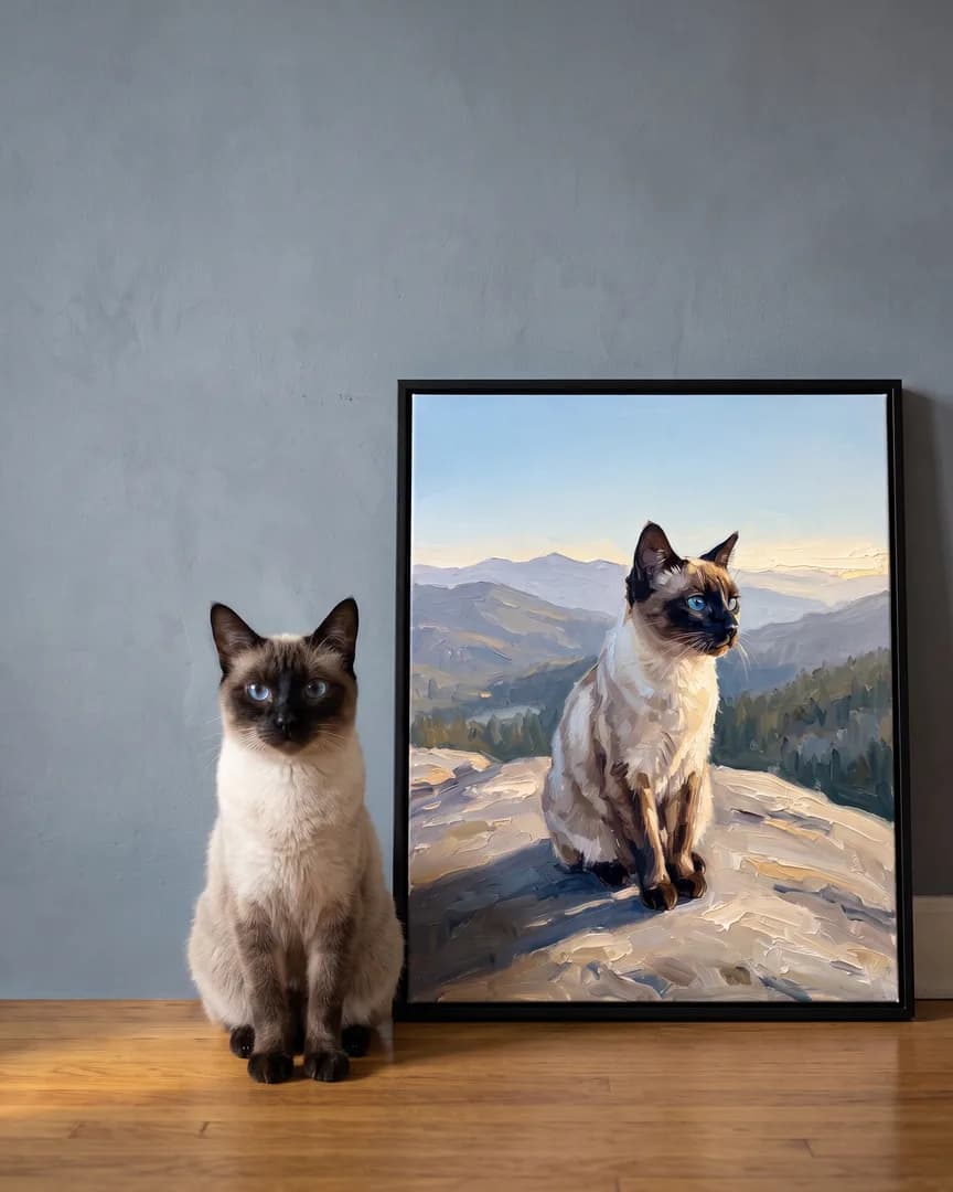 Sable, un chat siamois, à côté d'une toile encadrée noire de son portrait Vers les Sommets.