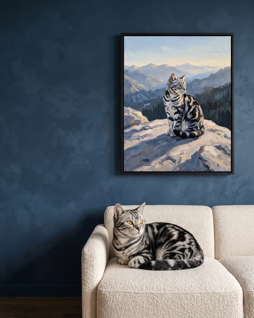 Smokey, un chat tigré argenté, à côté d'une toile encadrée noire de son portrait Vers les Sommets.
