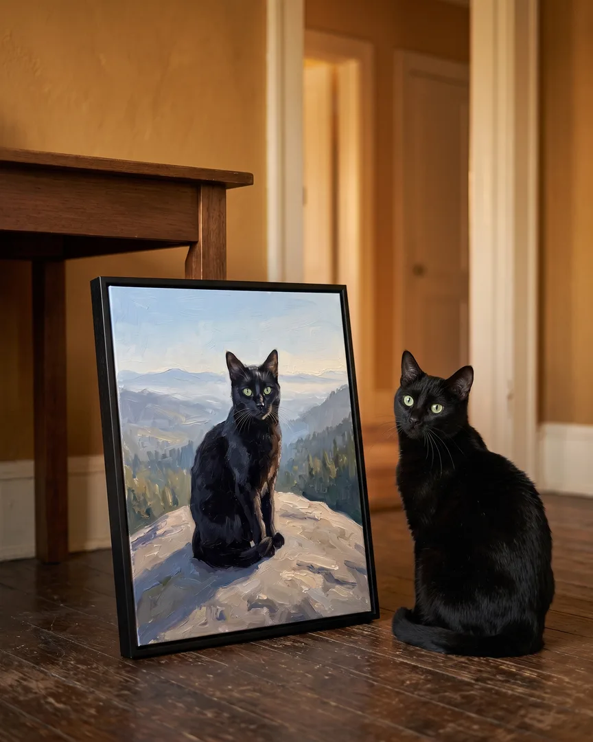 Ombre, un chat noir, à côté d'une toile encadrée noire de son portrait Vers les Sommets.