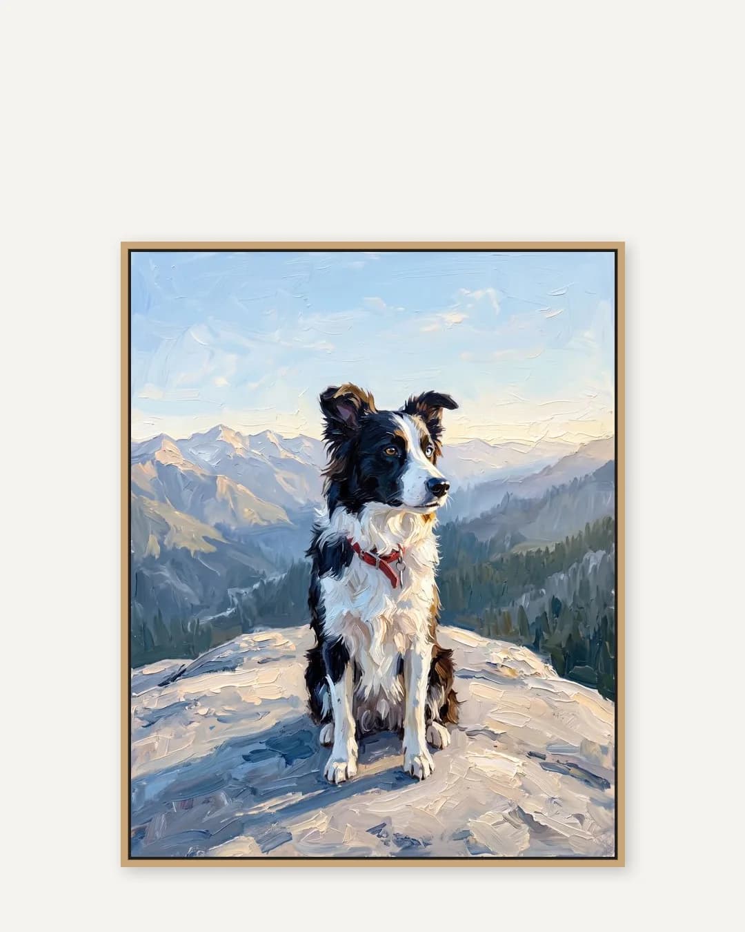 Une toile encadrée en chêne naturel de Skye, un border collie, un portrait tout en douceur du style Vers les Sommets.