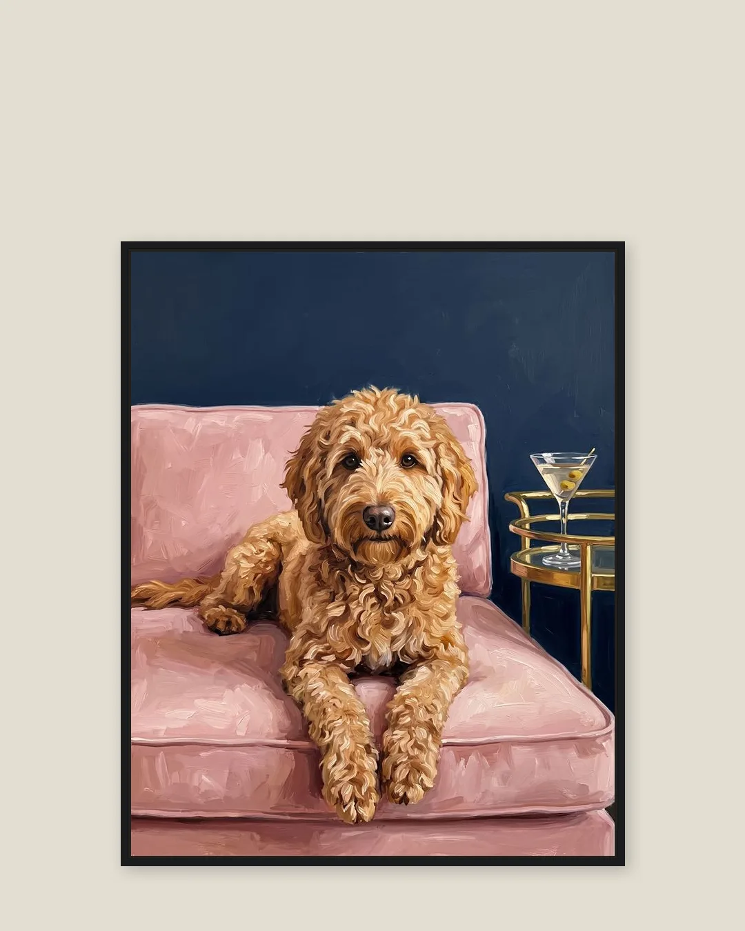 A black float-framed canvas of Teddy, a goldendoodle, in the Olive & Velvet style.