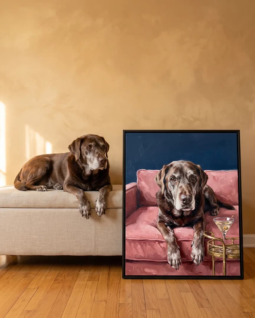 Moose, a chocolate labrador retriever, beside a black framed canvas of their own Olive & Velvet portrait.