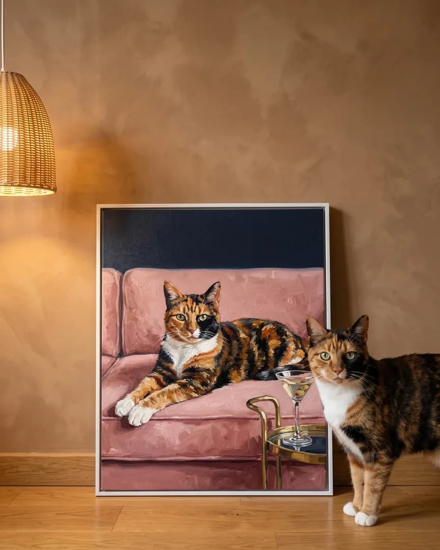 Patch, a calico domestic shorthair, beside a white framed canvas of their own Olive & Velvet portrait.