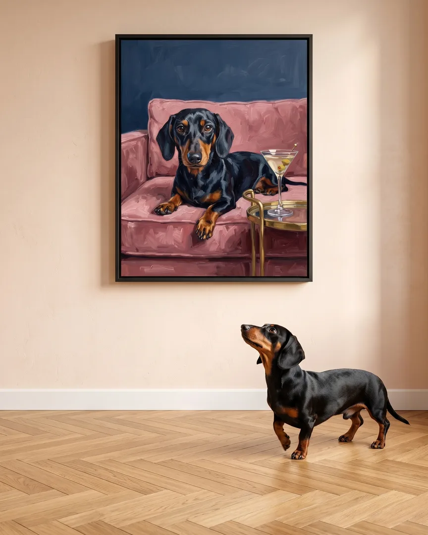 Ziggy, a dachshund, beside a black framed canvas of their own Olive & Velvet portrait.