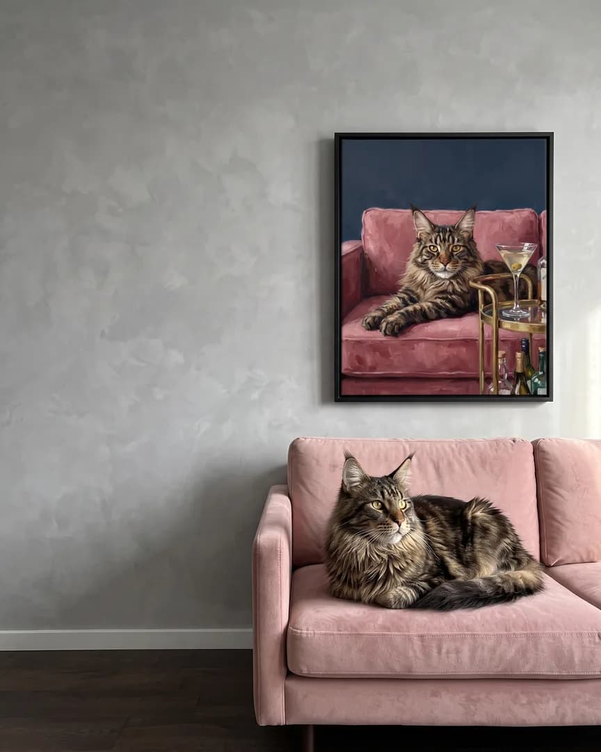 Baron, a Maine coon, beside a black framed canvas of their own Olive & Velvet portrait.