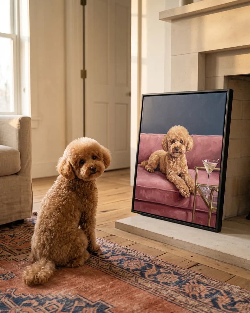 Mimi, a toy poodle, beside a black framed canvas of their own Olive & Velvet portrait.