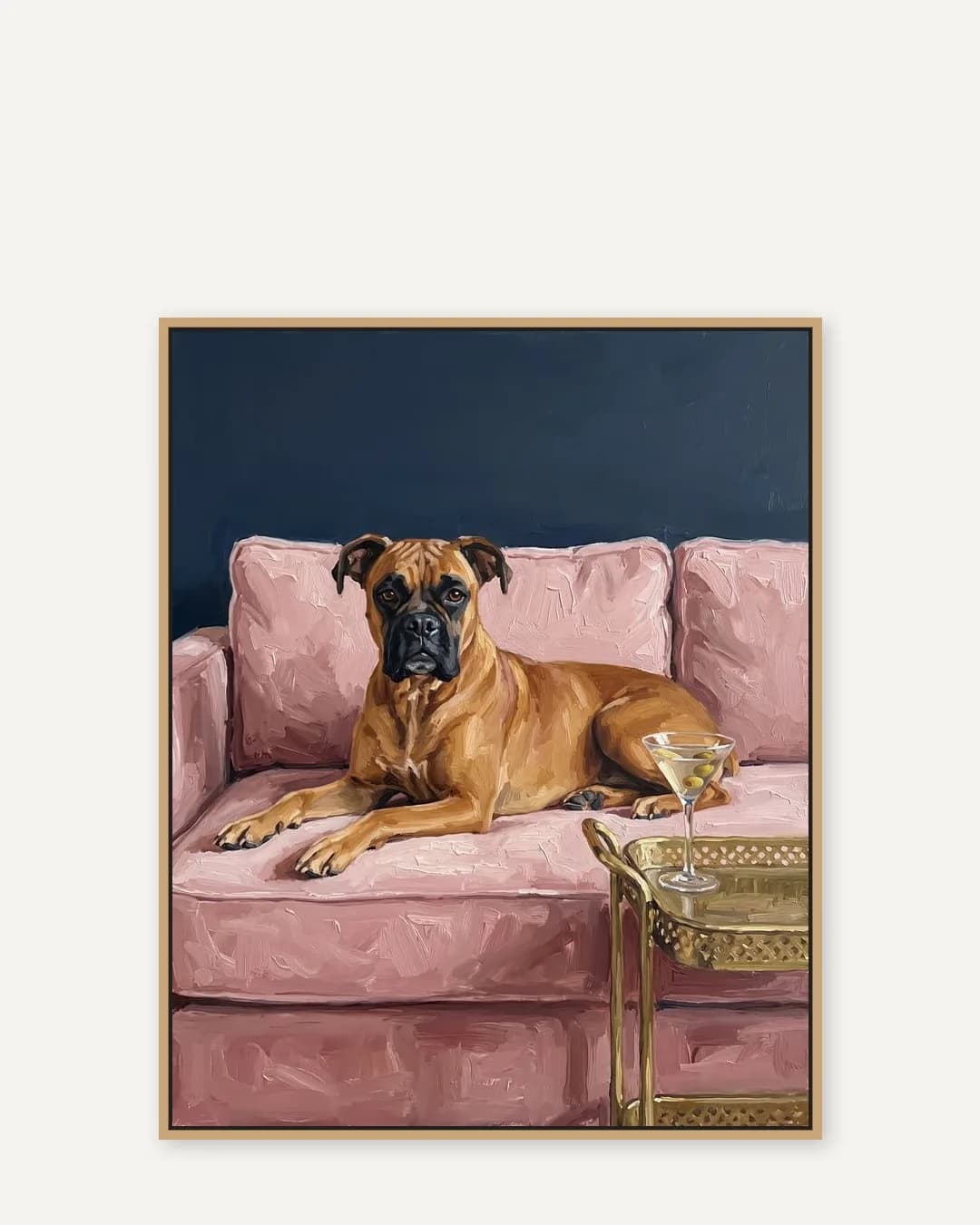 A natural-oak float-framed canvas of Rocco, a boxer, in the Olive & Velvet style.