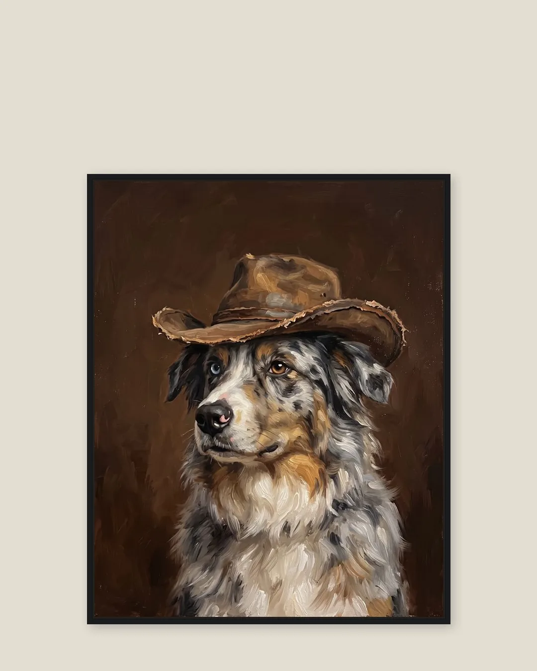 A black float-framed canvas of Koda, an Australian shepherd, in the Open Range style.