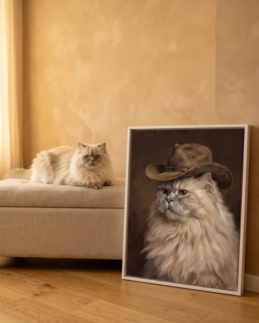 Frost, a Persian, beside a white framed canvas of their own Open Range portrait.