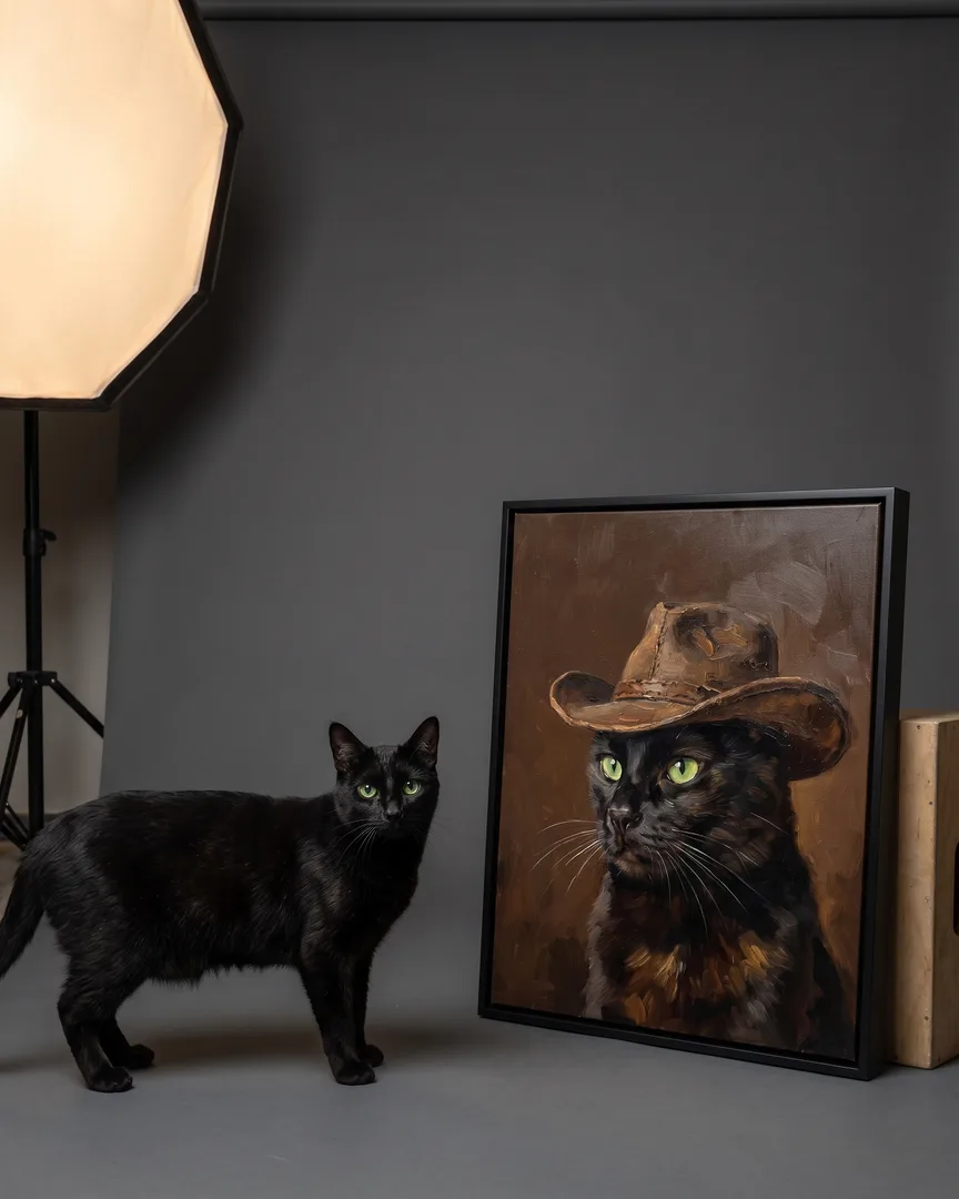 Ombre, a black domestic shorthair cat, beside a black framed canvas of their own Open Range portrait.