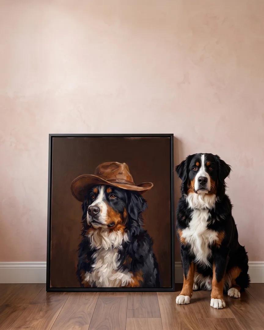 Bruno, a Bernese mountain dog, beside a black framed canvas of their own Open Range portrait.