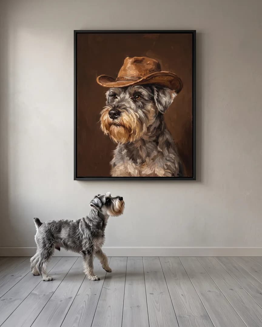 Otis, a miniature schnauzer, beside a black framed canvas of their own Open Range portrait.