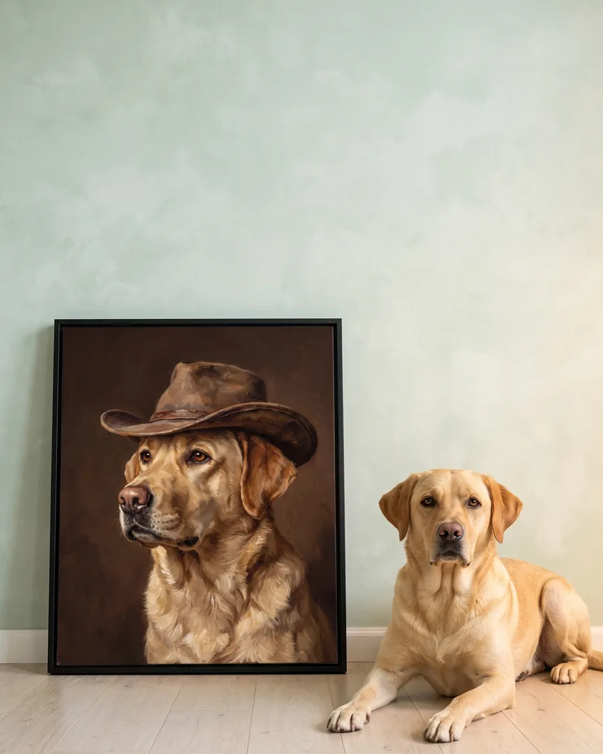Marley, a yellow labrador retriever, beside a black framed canvas of their own Open Range portrait.