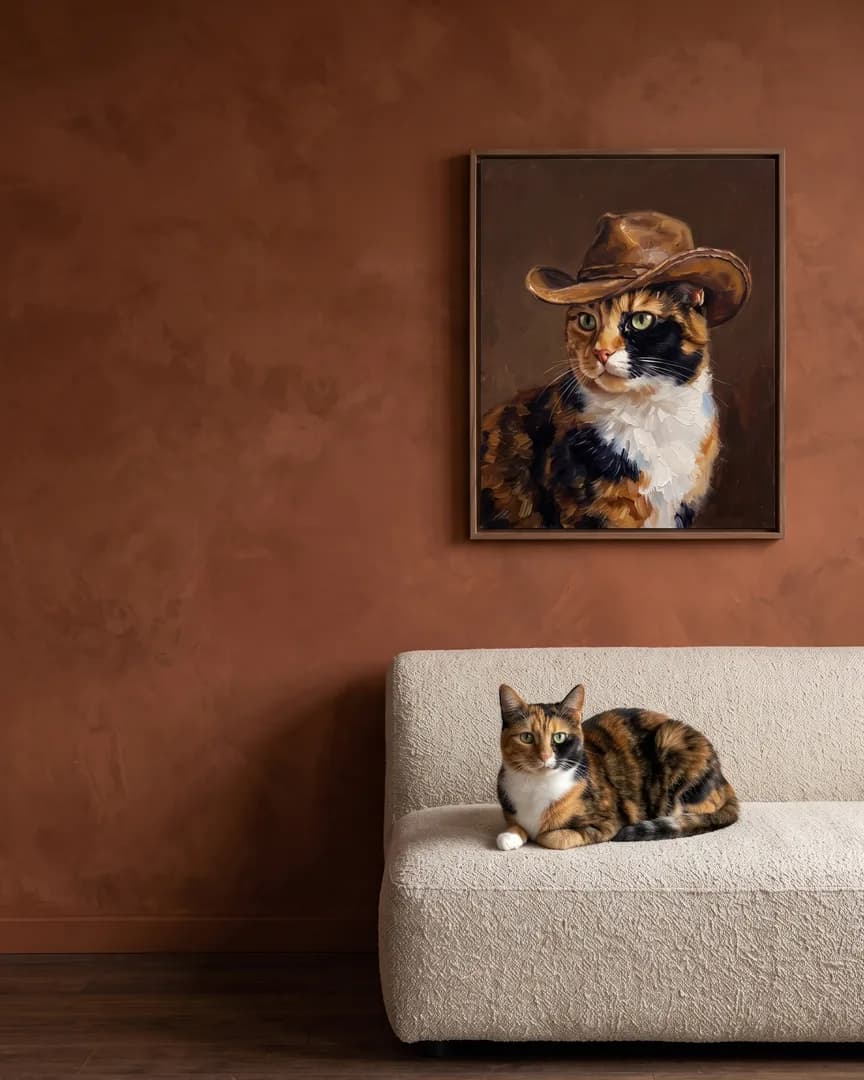 Patch, a calico domestic shorthair, beside a brown framed canvas of their own Open Range portrait.