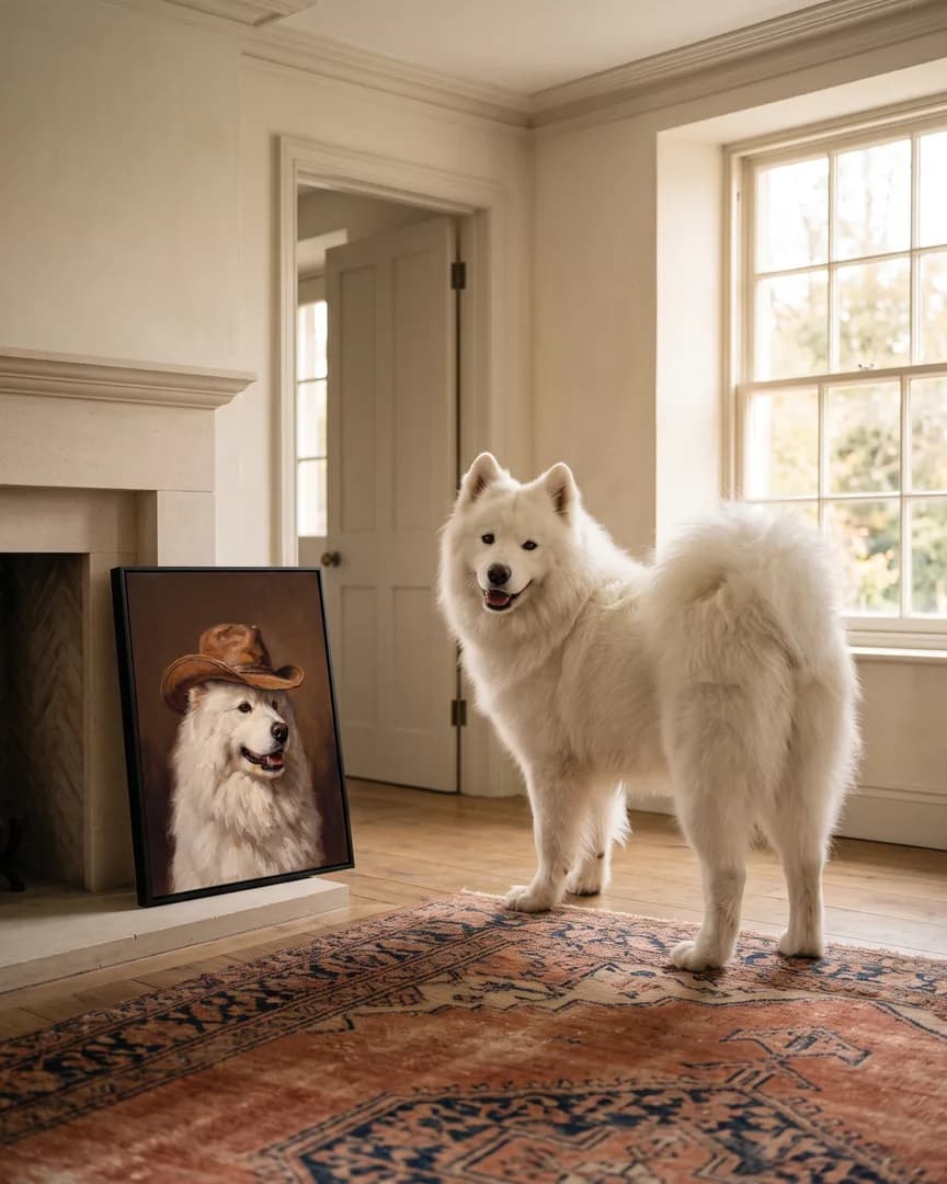 Snowy, a Samoyed, beside a black framed canvas of their own Open Range portrait.