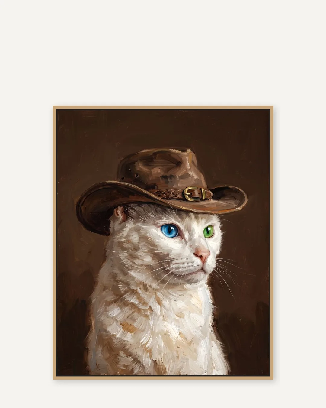 A natural-oak float-framed canvas of Duo, a white domestic shorthair, in the Open Range style.