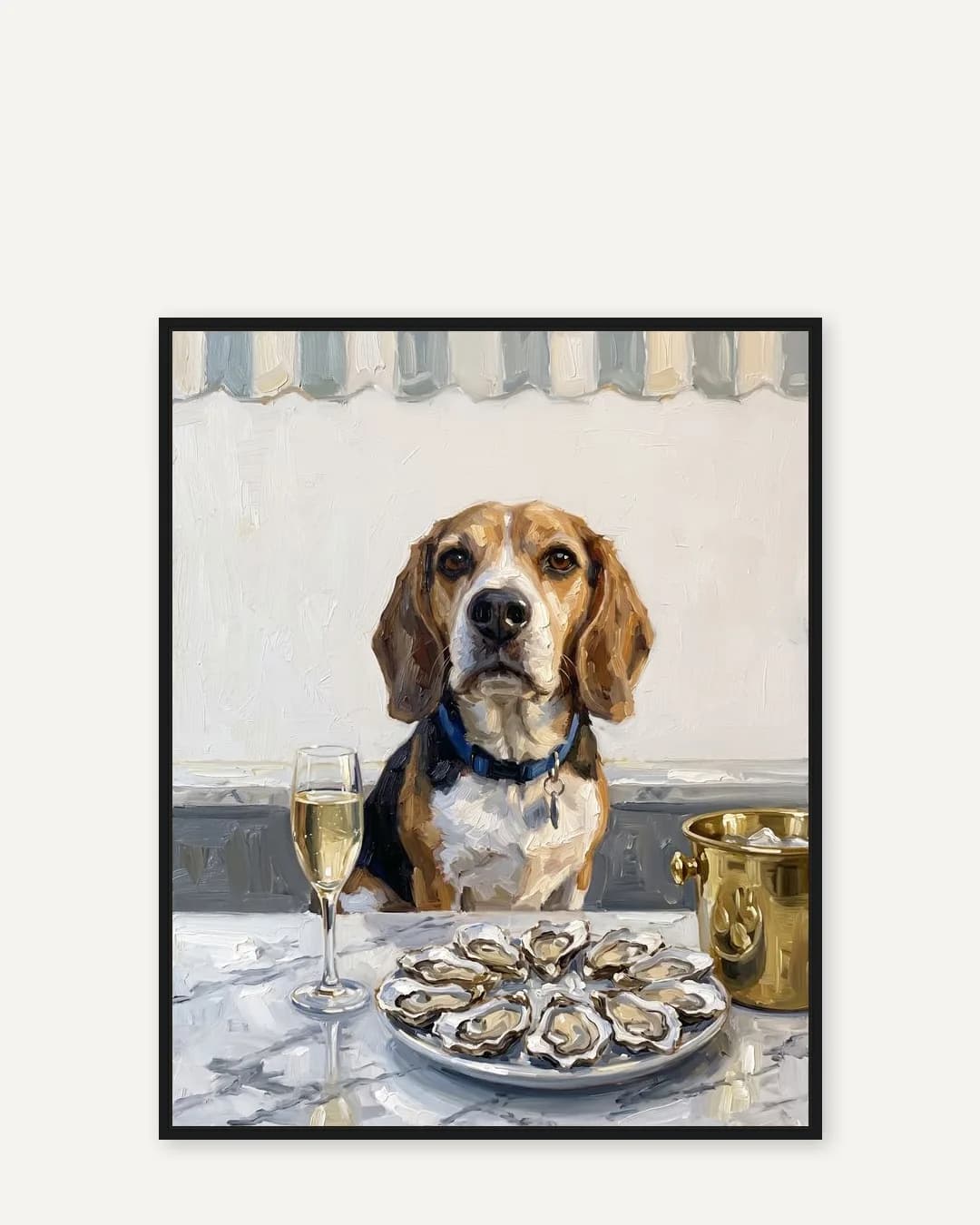 Une toile encadrée noire de Buddy, un beagle, dans le style Perle et bulles.