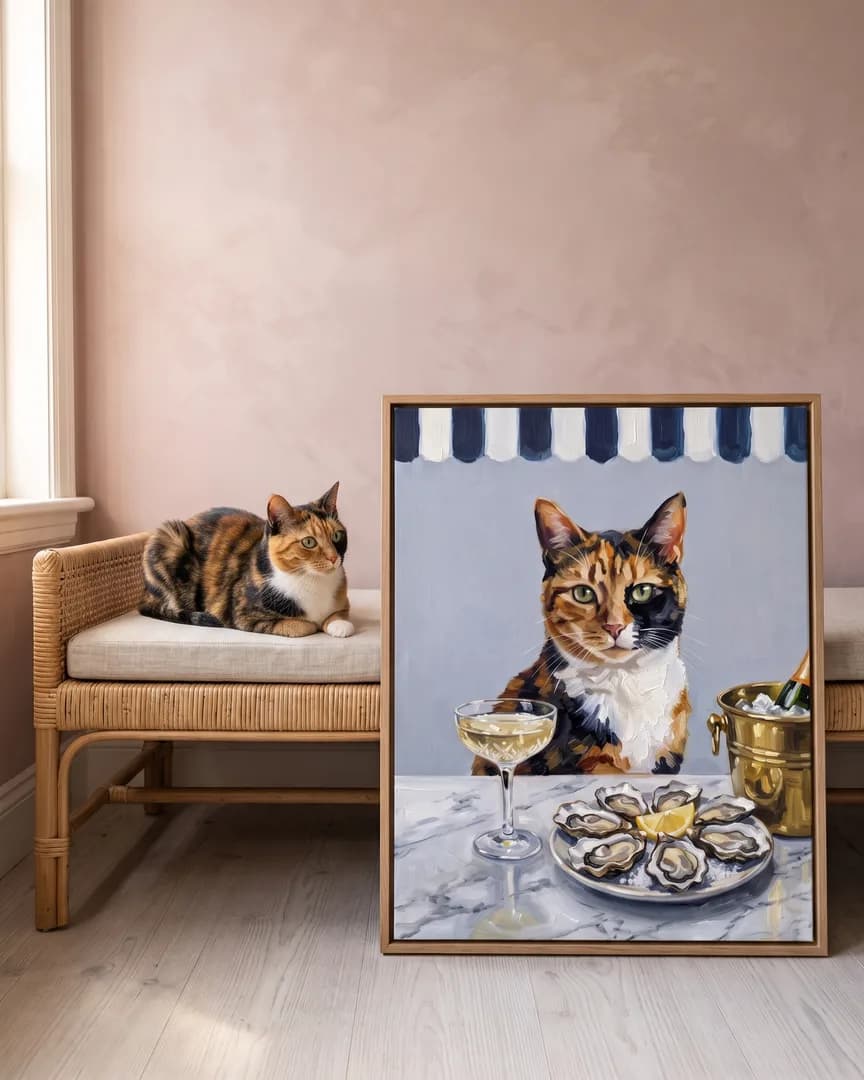 Patch, un chat calico, à côté d'une toile encadrée en chêne naturel de son portrait Perle et bulles.