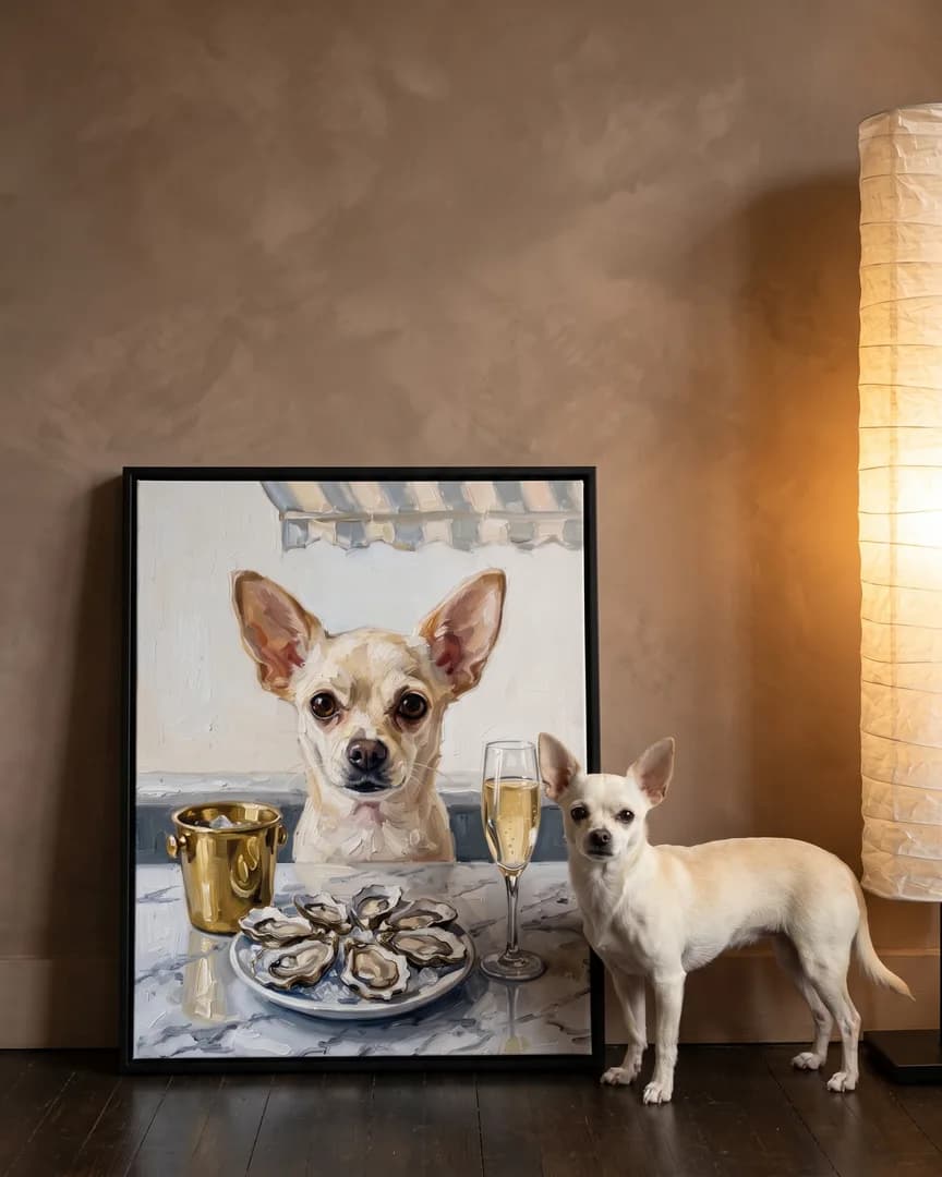 Pip, un chihuahua, à côté d'une toile encadrée noire de son portrait Perle et bulles.