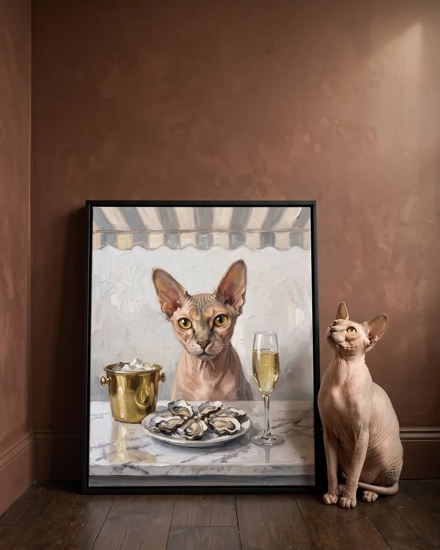 Yoda, un chat sphynx, à côté d'une toile encadrée noire de son portrait Perle et bulles.