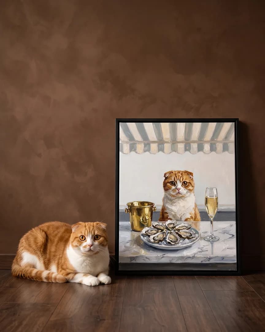 Biscuit, un chat fold écossais, à côté d'une toile encadrée noire de son portrait Perle et bulles.