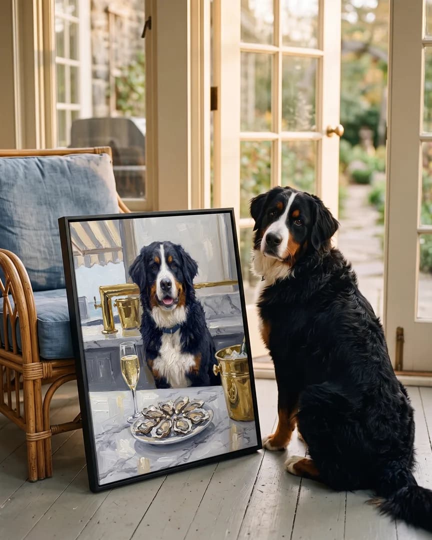 Bruno, un bouvier bernois, à côté d'une toile encadrée noire de son portrait Perle et bulles.
