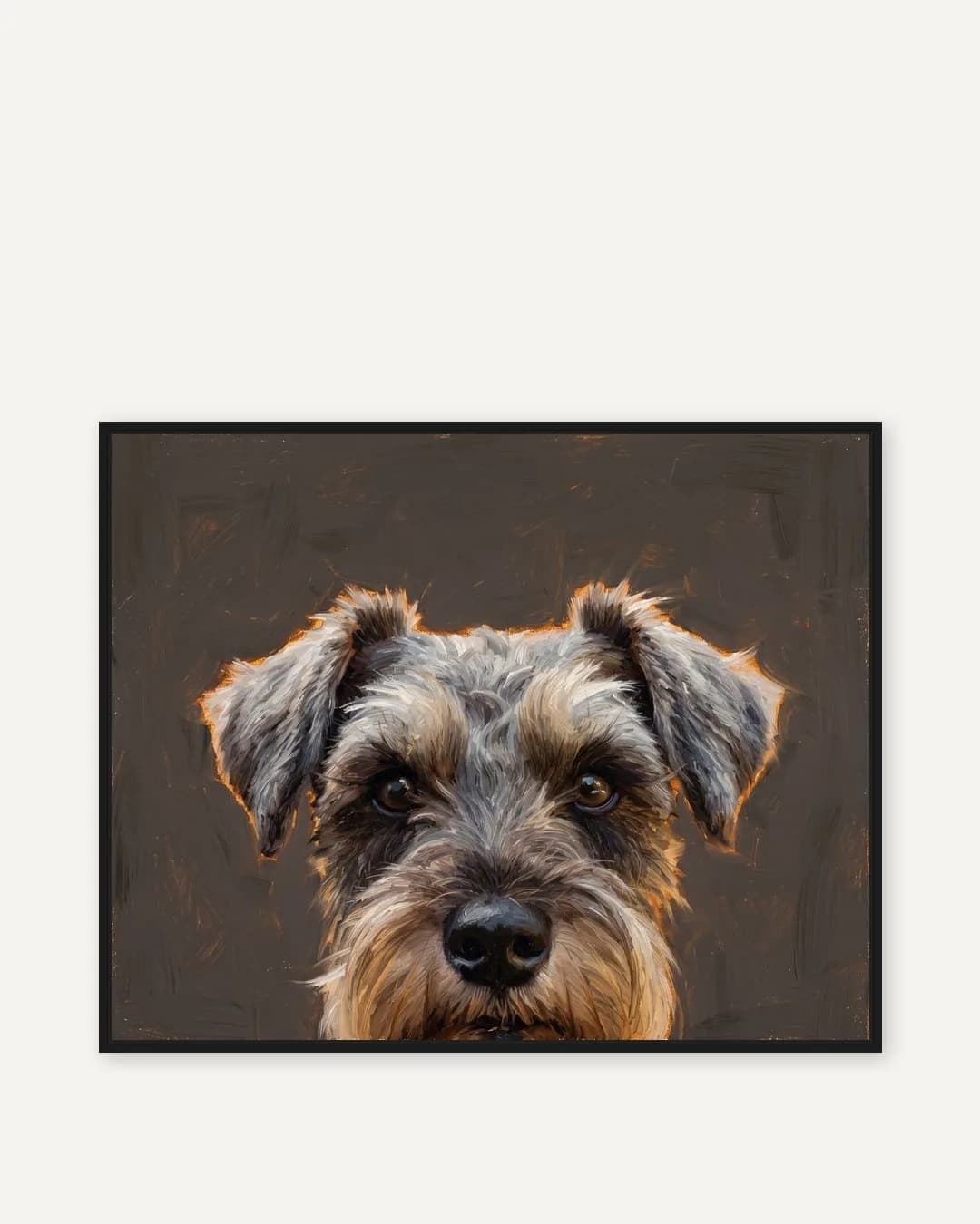 A black float-framed canvas of Otis, a miniature schnauzer, in the Painted Peek style.