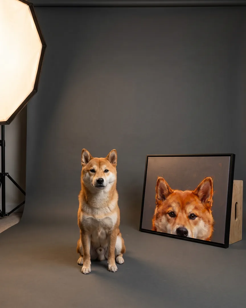 Suki, a Shiba Inu, beside a black framed canvas of their own Painted Peek portrait.