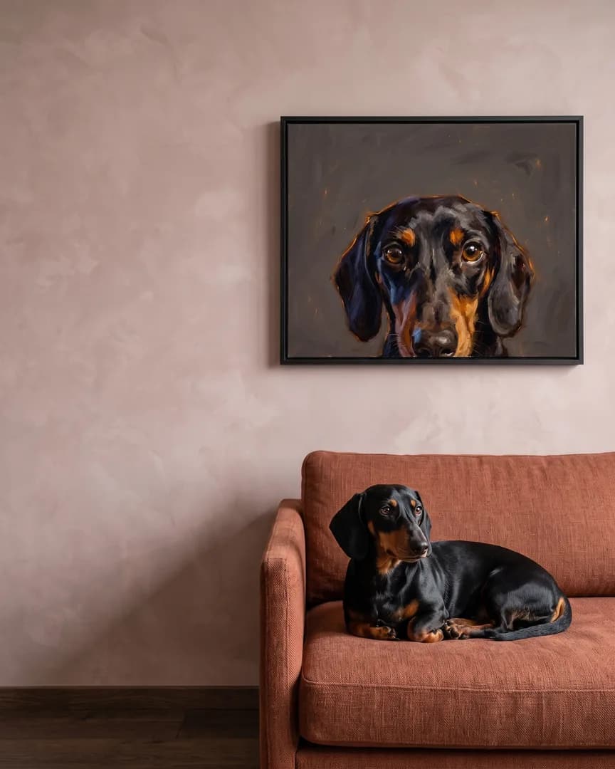 Ziggy, a dachshund, beside a black framed canvas of their own Painted Peek portrait.